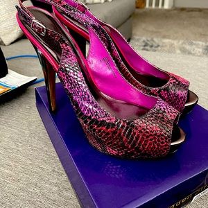Purple multi color snake platform sling back 4’ inch heel.